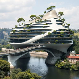 A bridge across a river supporting a towering, multi-story building with a bionic, futuristic form