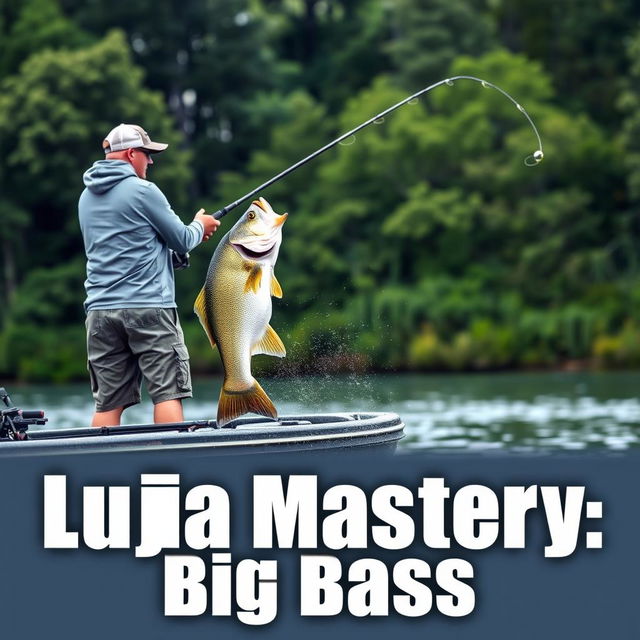 A man in a gray fishing jersey stands on a boat, casting his fishing rod into the water as a large bass fish leaps dramatically, aligning naturally with the fishing line