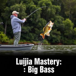 A man in a gray fishing jersey stands on a boat, casting his fishing rod into the water as a large bass fish leaps dramatically, aligning naturally with the fishing line