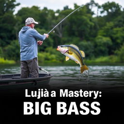 A man in a gray fishing jersey stands on a boat, casting his fishing rod into the water as a large bass fish leaps dramatically, aligning naturally with the fishing line