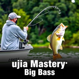 A man in a gray fishing jersey stands on a boat, casting his fishing rod into the water as a large bass fish leaps dramatically, aligning naturally with the fishing line