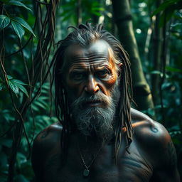 a dramatic and intense scene depicting the last living cannibal, a rugged and ancient man with tribal tattoos on his face and body, standing alone in a dense jungle