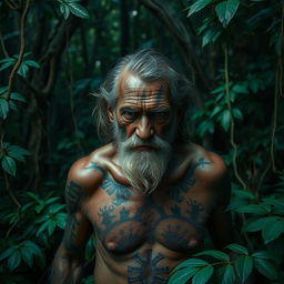 a dramatic and intense scene depicting the last living cannibal, a rugged and ancient man with tribal tattoos on his face and body, standing alone in a dense jungle