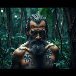 a dramatic and intense scene depicting the last living cannibal, a rugged and ancient man with tribal tattoos on his face and body, standing alone in a dense jungle