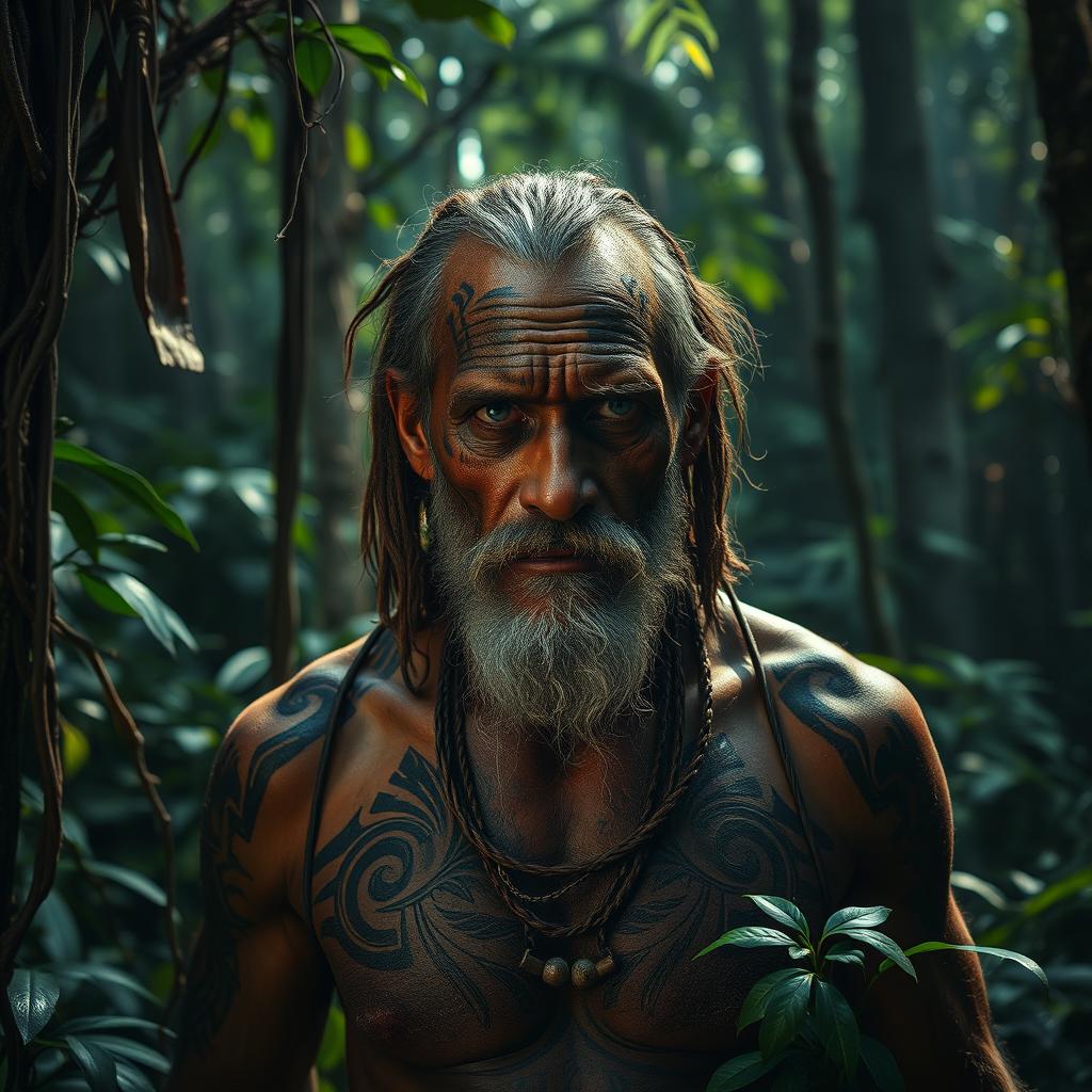 a dramatic and intense scene depicting the last living cannibal, a rugged and ancient man with tribal tattoos on his face and body, standing alone in a dense jungle