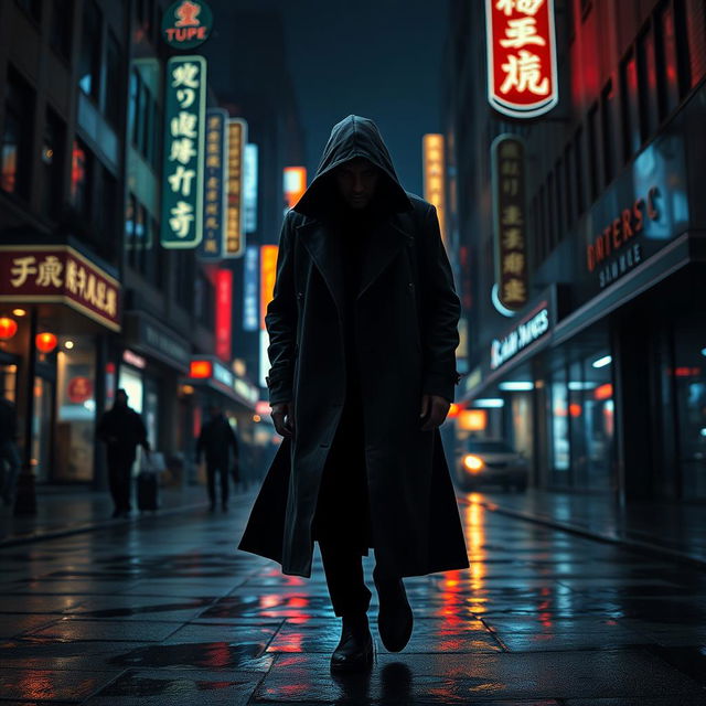 a mysterious and elusive figure, a maniac, wandering the dimly lit streets of an urban cityscape