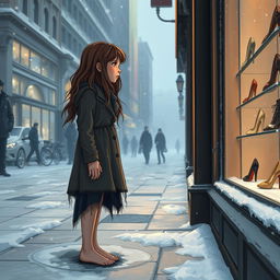 A cold 18-year-old girl with long, messy brown hair and a tattered dress, standing barefoot in a snowy city street