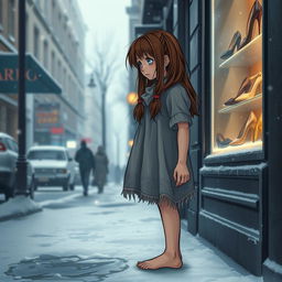 A cold 18-year-old girl with long, messy brown hair and a tattered dress, standing barefoot in a snowy city street