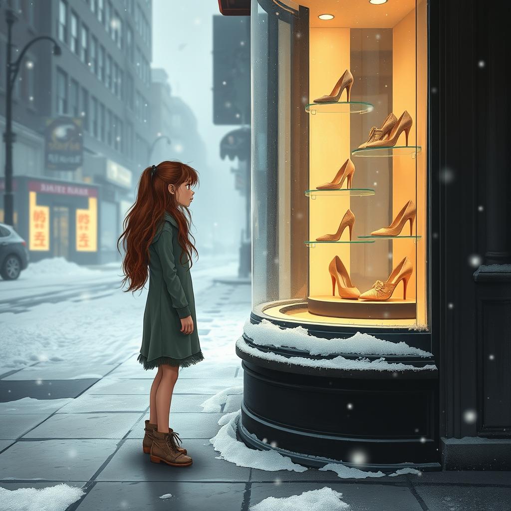 A cold 18-year-old girl with long, messy brown hair and a tattered dress, standing barefoot in a snowy city street