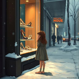 A cold 18-year-old girl with long, messy brown hair and a tattered dress, standing barefoot in a snowy city street