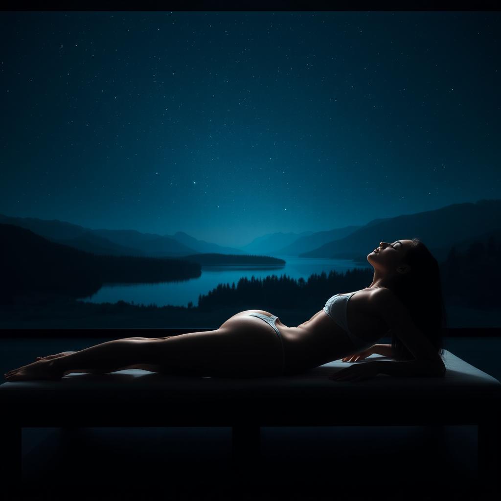 An artistic and realistic photo of a young, slender woman in a swimsuit, lying on her side on a lounger in a completely dark space