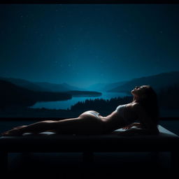 An artistic and realistic photo of a young, slender woman in a swimsuit, lying on her side on a lounger in a completely dark space