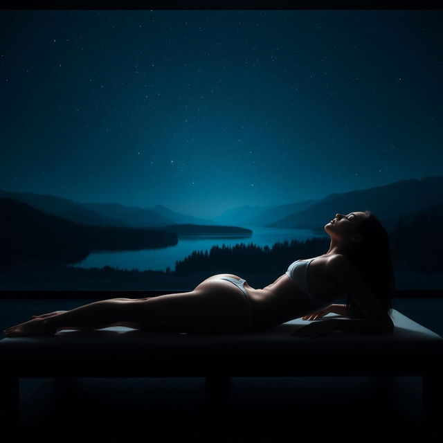 An artistic and realistic photo of a young, slender woman in a swimsuit, lying on her side on a lounger in a completely dark space