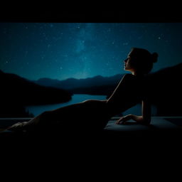 An artistic and realistic photo of a young, slender woman in a swimsuit, lying on her side on a lounger in a completely dark space