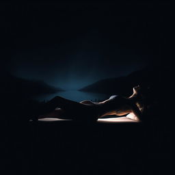 An artistic and realistic photo of a young, slender woman in a swimsuit, lying on her side on a lounger in a completely dark space