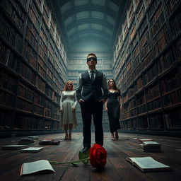 A grand library with towering bookshelves and a dimly lit atmosphere