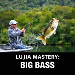 A man confidently casting his fishing rod from a boat, wearing a stylish gray fishing jersey, as a large bass fish leaps dramatically out of the water, perfectly aligned with the fishing line