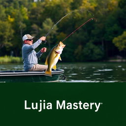 A man confidently casting his fishing rod from a boat, wearing a stylish gray fishing jersey, as a large bass fish leaps dramatically out of the water, perfectly aligned with the fishing line