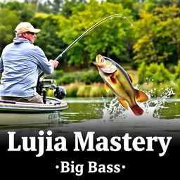 A man confidently casting his fishing rod from a boat, wearing a stylish gray fishing jersey, as a large bass fish leaps dramatically out of the water, perfectly aligned with the fishing line