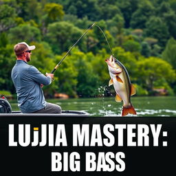 A man confidently casting his fishing rod from a boat, wearing a stylish gray fishing jersey, as a large bass fish leaps dramatically out of the water, perfectly aligned with the fishing line