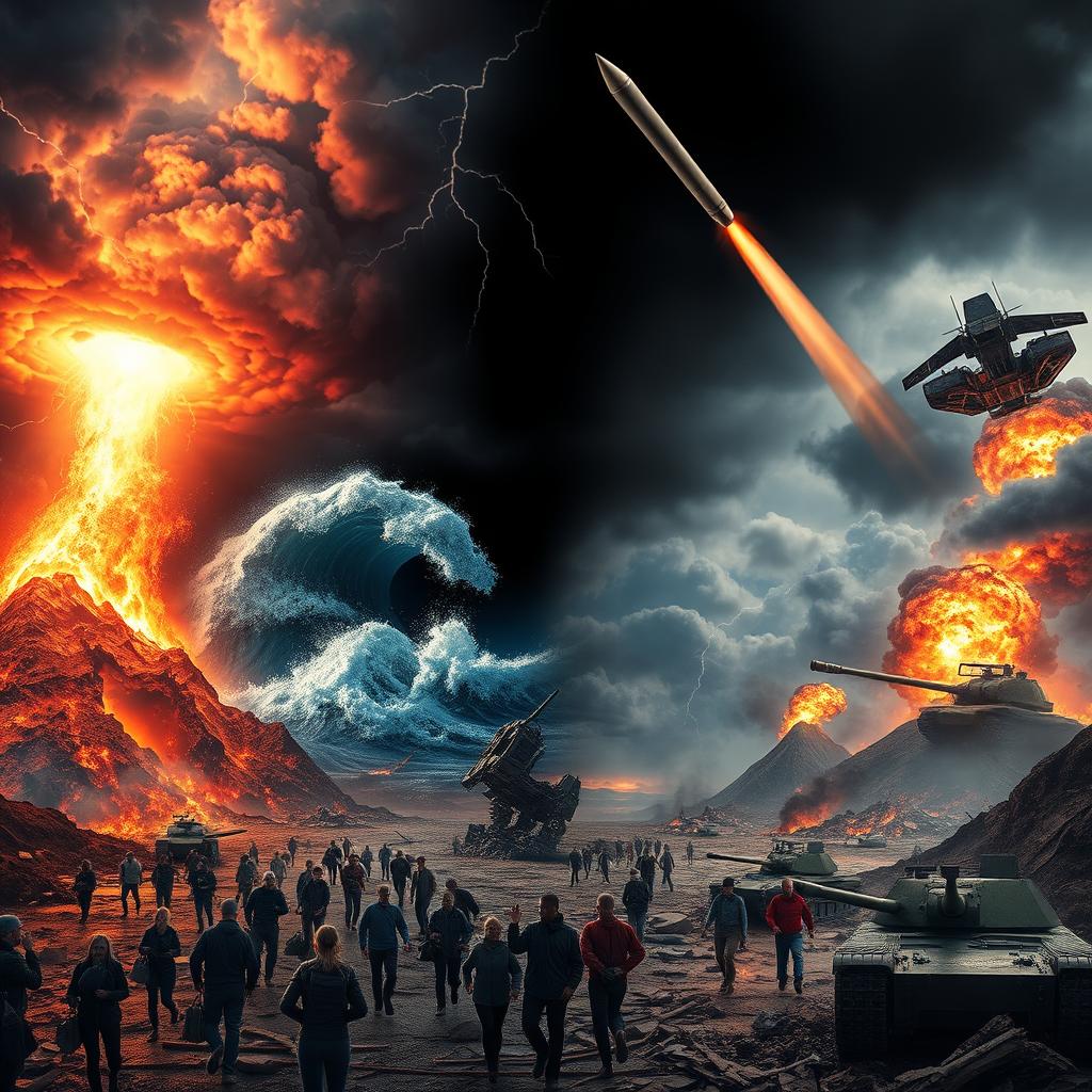 A dramatic and chaotic scene of a global disaster, featuring people screaming and running amidst a burning landscape and a destroyed city