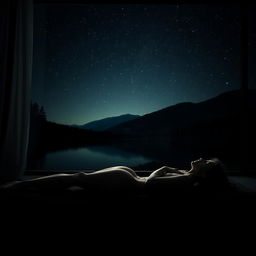 An artistic and realistic photo of a young, slender woman in a swimsuit, lying on her side on a lounger in a completely dark space