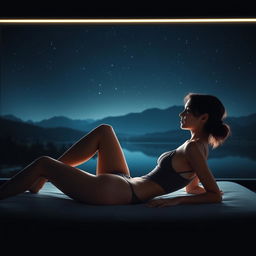 An artistic and realistic photo of a young, slender woman in a swimsuit, lying on her side on a lounger in a completely dark space