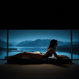 An artistic and realistic photo of a young, slender woman in a swimsuit, lying on her side on a lounger in a completely dark space