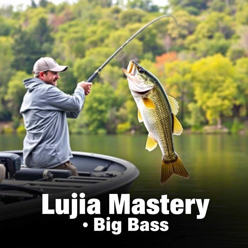 A man confidently casting his fishing rod from a boat, wearing a stylish gray fishing jersey, as a large bass fish leaps dramatically out of the water, perfectly aligned with the fishing line