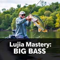 A man confidently casting his fishing rod from a boat, wearing a stylish gray fishing jersey, as a large bass fish leaps dramatically out of the water, perfectly aligned with the fishing line