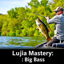 A man confidently casting his fishing rod from a boat, wearing a stylish gray fishing jersey, as a large bass fish leaps dramatically out of the water, perfectly aligned with the fishing line