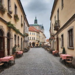 A charming scene of Eastern Europe, with cobblestone streets, beautiful old buildings, and outdoor cafes.