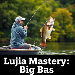 A man confidently casting his fishing rod from a boat, wearing a stylish gray fishing jersey, as a large bass fish leaps dramatically out of the water, perfectly aligned with the fishing line