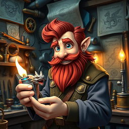 In a fantastical Dungeons & Dragons setting, a ruddy tan, red-haired male rock gnome artificer with striking sapphire-blue eyes, a red beard, and mustache is beaming with excitement