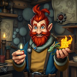 In a fantastical Dungeons & Dragons setting, a ruddy tan, red-haired male rock gnome artificer with striking sapphire-blue eyes, a red beard, and mustache is beaming with excitement