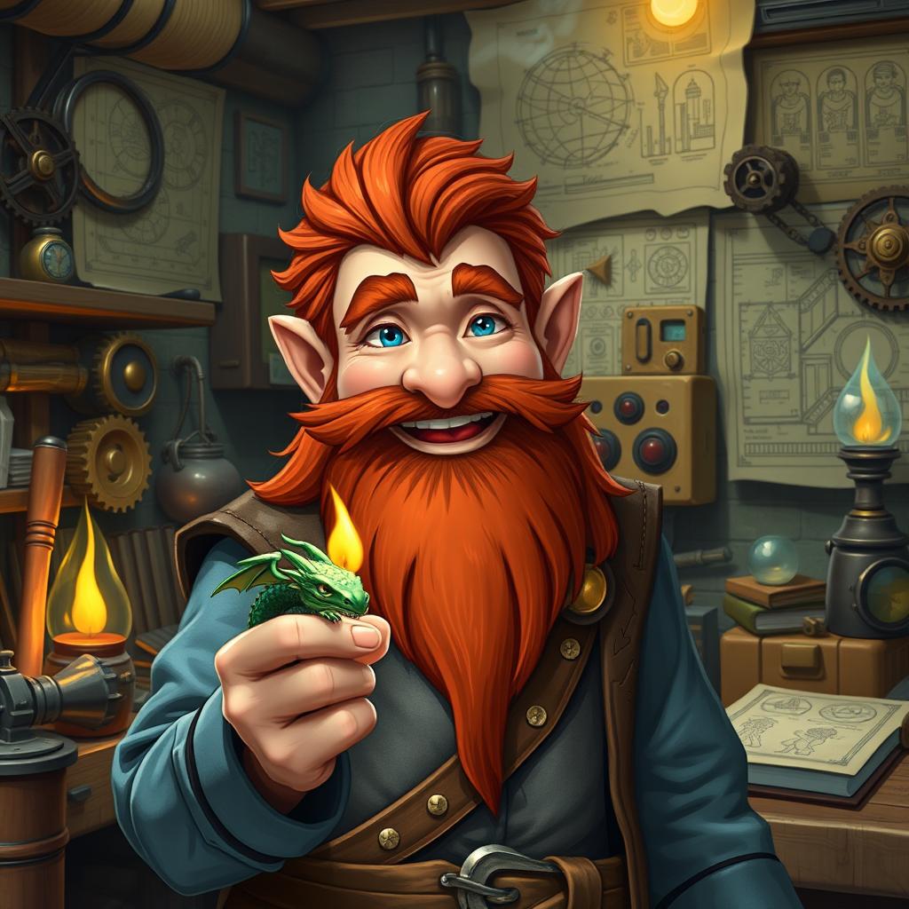 In a fantastical Dungeons & Dragons setting, a ruddy tan, red-haired male rock gnome artificer with striking sapphire-blue eyes, a red beard, and mustache is beaming with excitement