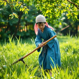 A young and beautiful Japanese farm girl aged 18 from the feudal era, cutting grass in the fields with a sickle