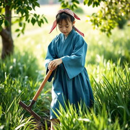 A young and beautiful Japanese farm girl aged 18 from the feudal era, cutting grass in the fields with a sickle