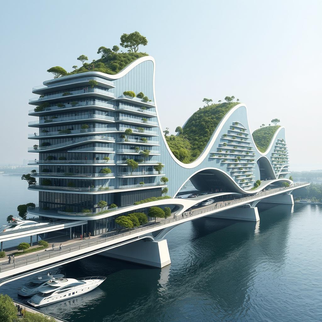 A bridge-building spanning a river, featuring a towering, multi-story structure with a bionic, futuristic shape