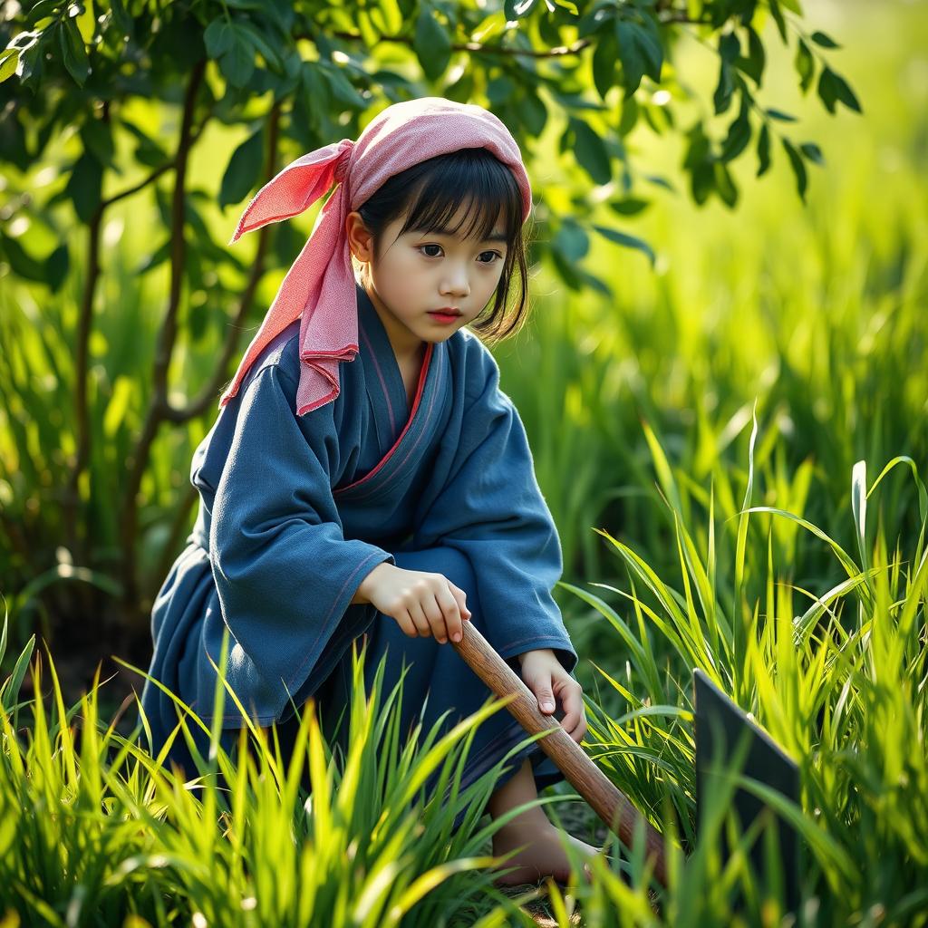 A young and beautiful Japanese farm girl aged 18 from the feudal era, cutting grass in the fields with a sickle