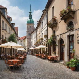 A charming scene of Eastern Europe, with cobblestone streets, beautiful old buildings, and outdoor cafes.