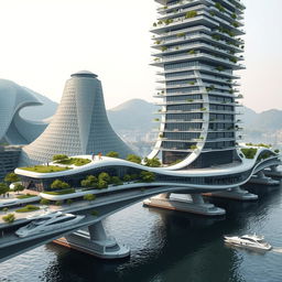 A bridge-building spanning a river, featuring a towering, multi-story structure with a bionic, futuristic shape