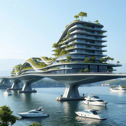 A bridge-building spanning a river, featuring a towering, multi-story structure with a bionic, futuristic shape