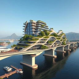 A bridge-building spanning a river, featuring a towering, multi-story structure with a bionic, futuristic shape