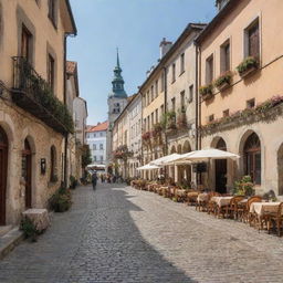 A charming scene of Eastern Europe, with cobblestone streets, beautiful old buildings, and outdoor cafes.