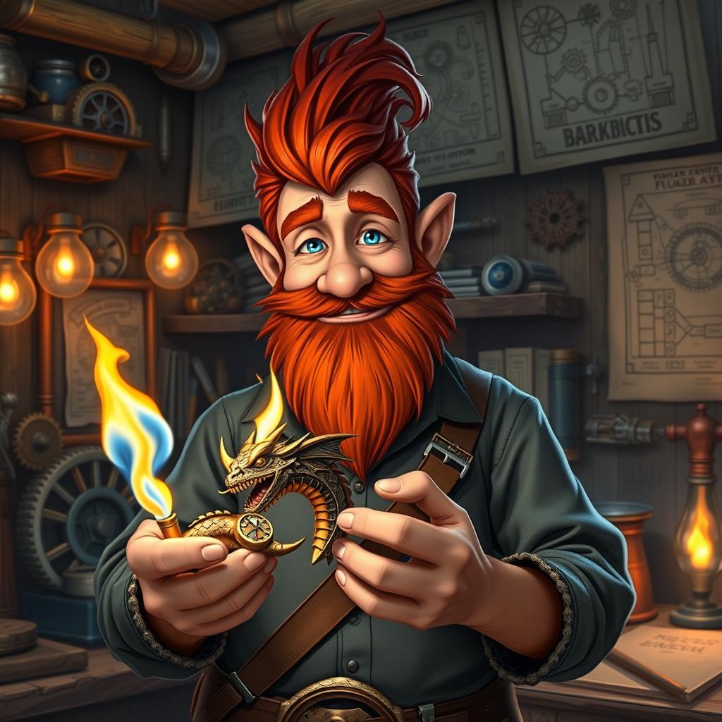 In a fantastical Dungeons & Dragons setting, a ruddy tan, red-haired male rock gnome artificer with striking sapphire-blue eyes, a red beard, and mustache beams with pride