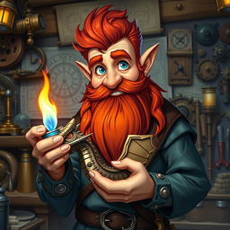 In a fantastical Dungeons & Dragons setting, a ruddy tan, red-haired male rock gnome artificer with striking sapphire-blue eyes, a red beard, and mustache beams with pride