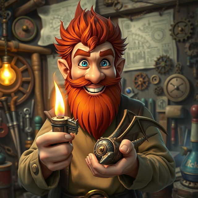 In a fantastical Dungeons & Dragons setting, a ruddy tan, red-haired male rock gnome artificer with striking sapphire-blue eyes, a red beard, and mustache beams with pride