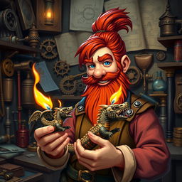 In a fantastical Dungeons & Dragons setting, a ruddy tan, red-haired male rock gnome artificer with striking sapphire-blue eyes, a red beard, and mustache beams with pride