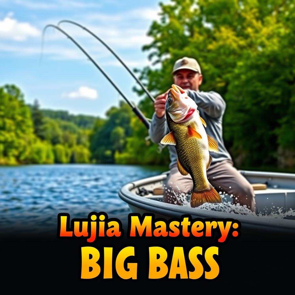 A man confidently casting his fishing rod from a boat, wearing a stylish gray fishing jersey, as a large bass fish leaps dramatically out of the water, perfectly aligned with the fishing line